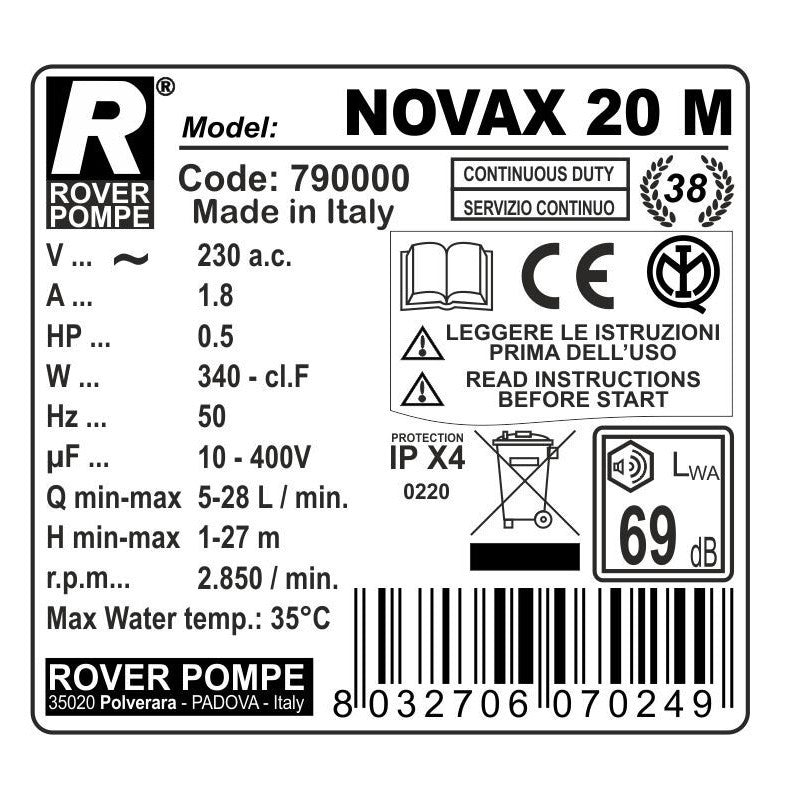 ELEKTROPUMPE INOX ECONOMY D. 20 HP 0,5 "NOVAX 20-M"
