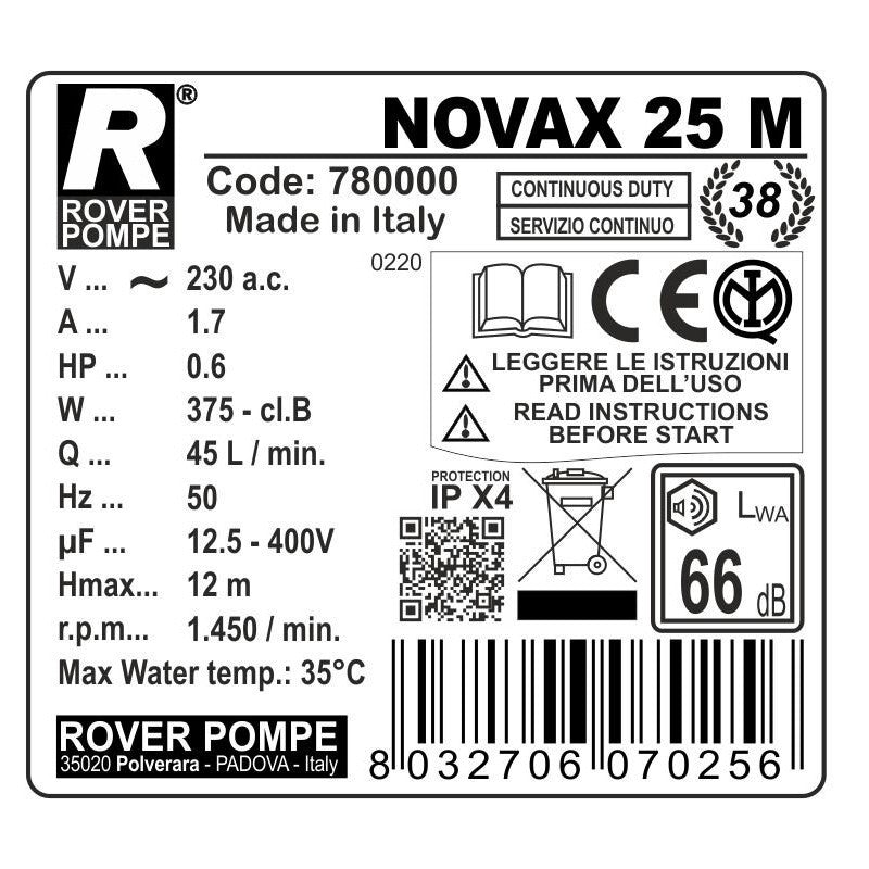 EDELSTAHL ELEKTROPUMPE ECONOMY D. 25 HP 0,6 "NOVAX 25-M"