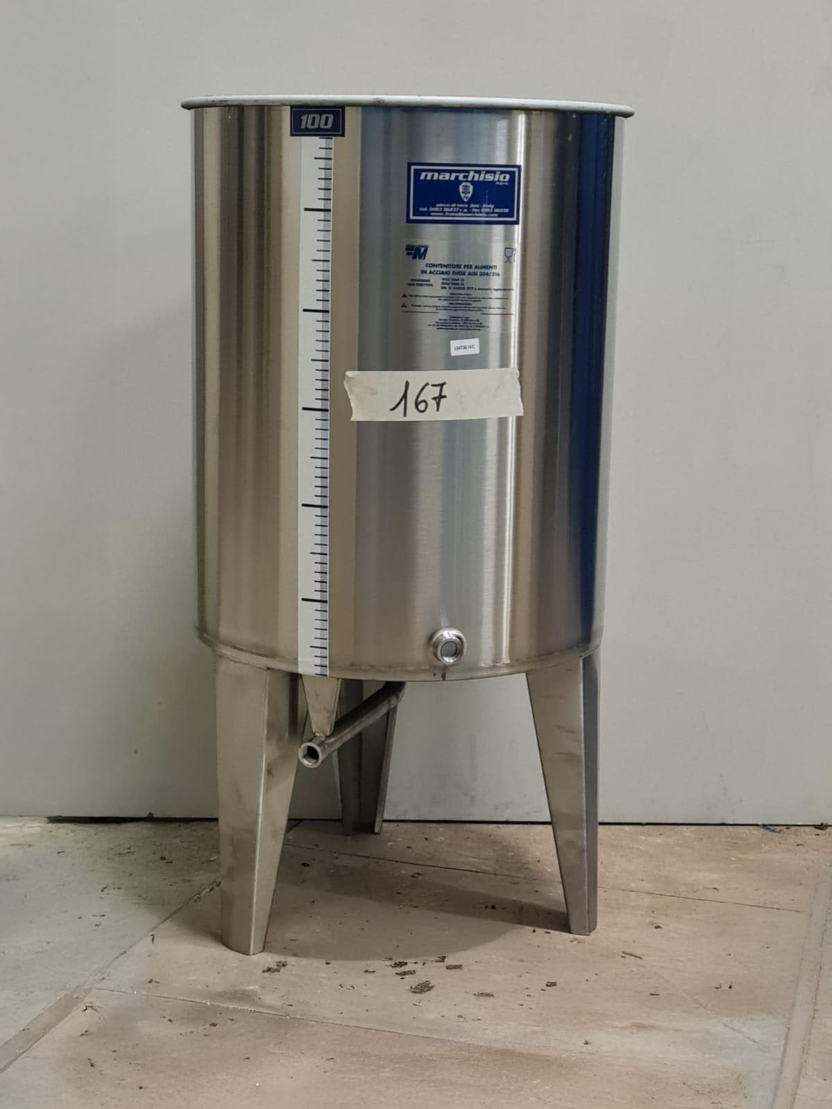 100 LITERS STAINLESS STEEL TANK WITH CONICAL BOTTOM AND LID - OUTLET167
